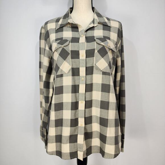 Chaps Women's Cream and Grey Plaid Long Sleeve Button Up Shirt XL - Picture 1 of 7